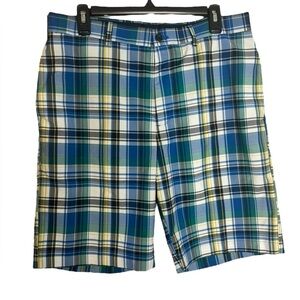 Jack Nicklaus Mens Chino Shorts 32 Blue Plaid Flat Front Pocket Stretch Casual